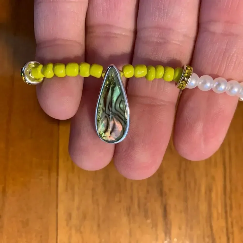Handmade yellow white beaded stretch charm bracelet